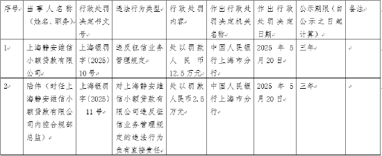 第一证券 上海静安维信小额贷款有限公司被罚12.5万元：违反征信业务管理规定