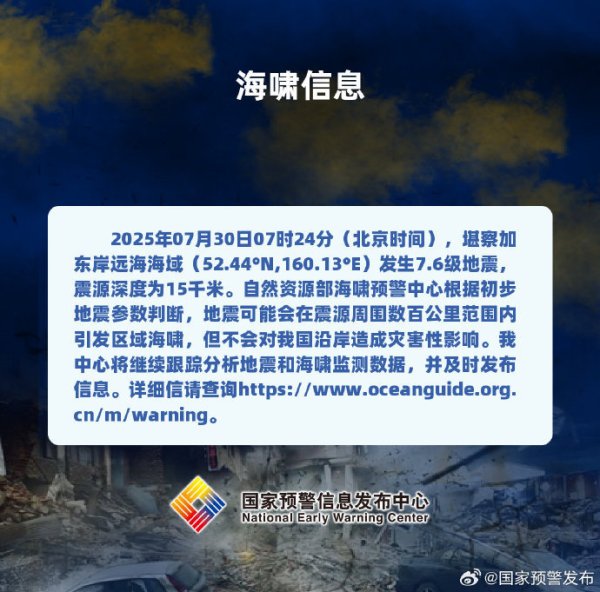 宏益配资 国家海洋预报台：堪察加附近发生7.6级地震或引发海啸 但不会对我国沿岸造成灾害性影响